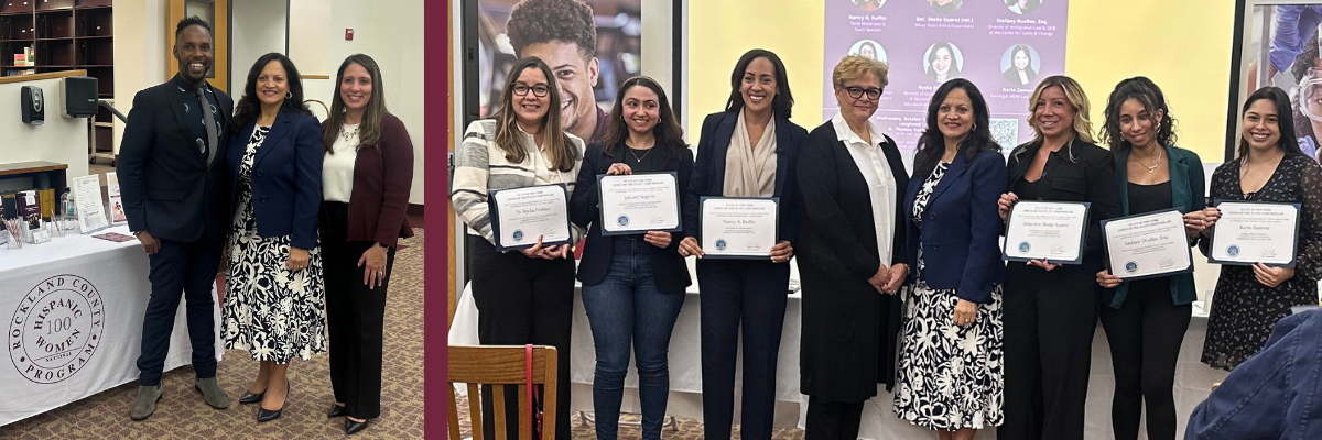 Collage of two photos with panelists from Hispanic Heritage Month holding up certificates and smiling in Library on STAC campus