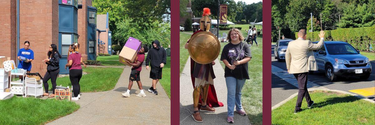 collage of students and families moving in the spartan greeting students on campus and president daly waving to students and cars pulling in on first day of class