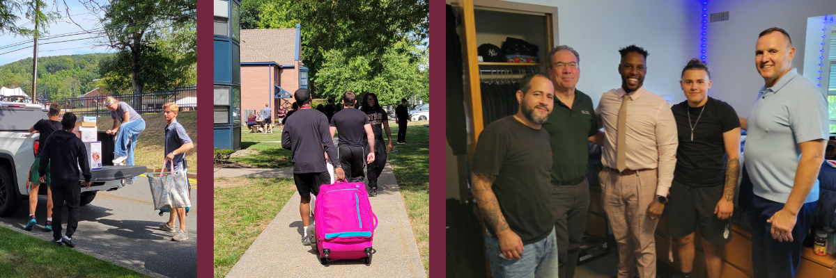 move in day collage of students and families bringing luggage into dorm rooms