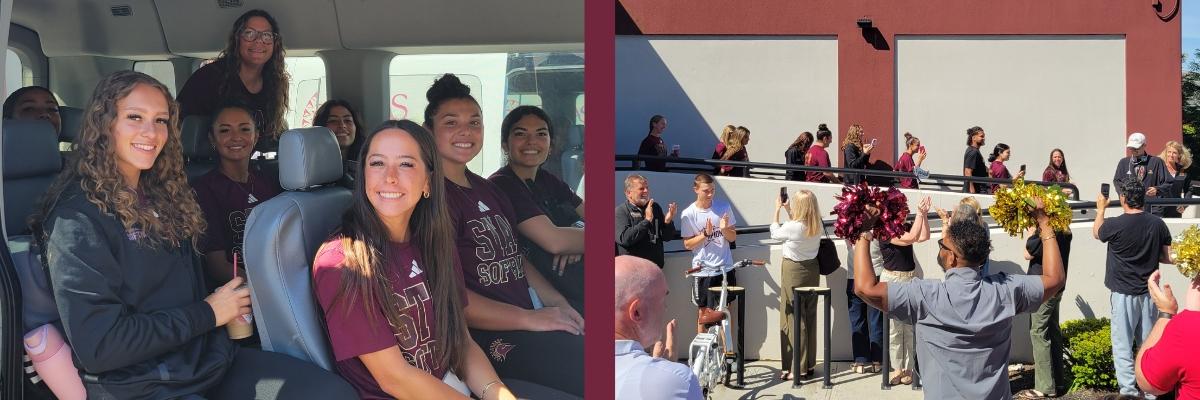 two photo collage of softball student athletes in van ready for trip to Tennessee smiling and clap out where Spartans cheered on the team as they walked out of the Gym area to get ready for trip