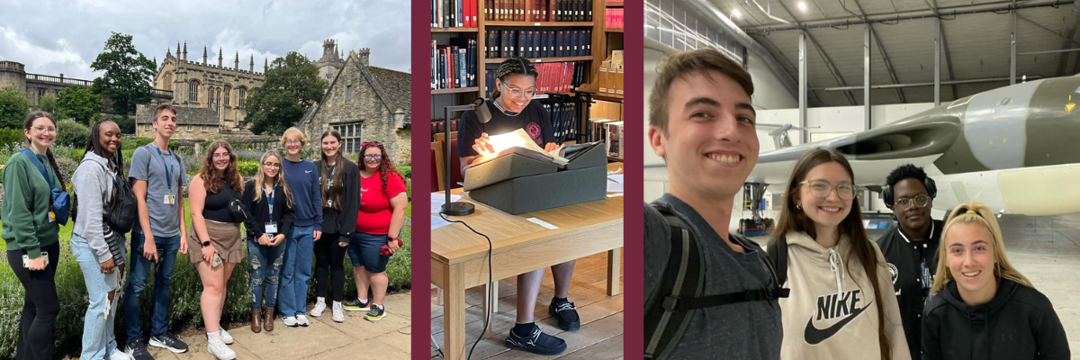 Oxford collage of students standing outside University building looking at aircraft at a museum and looking at antique book in library