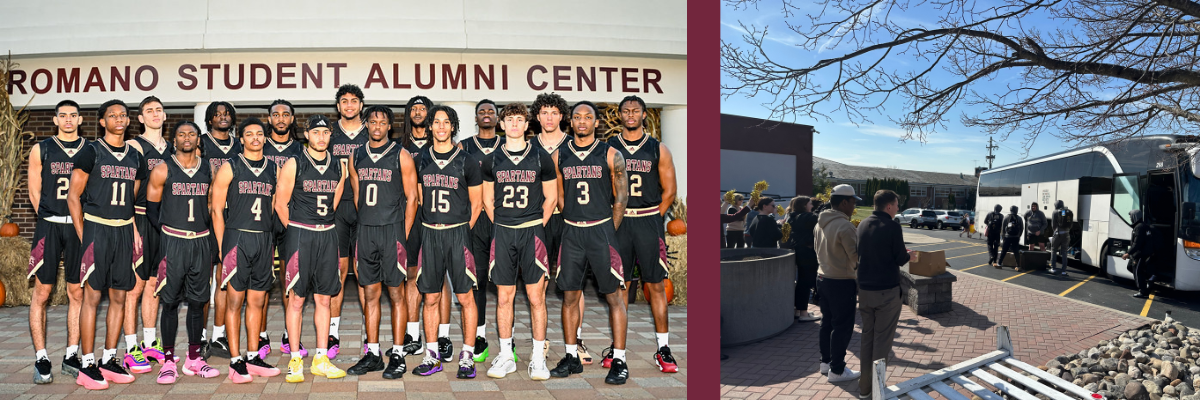 mens basketball team and image of bus pulling up for welcome
