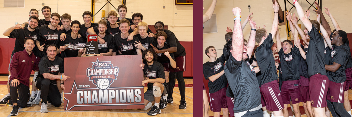 Mens Volleyball team posing for group photo with trophy and sign and jumping on court after win