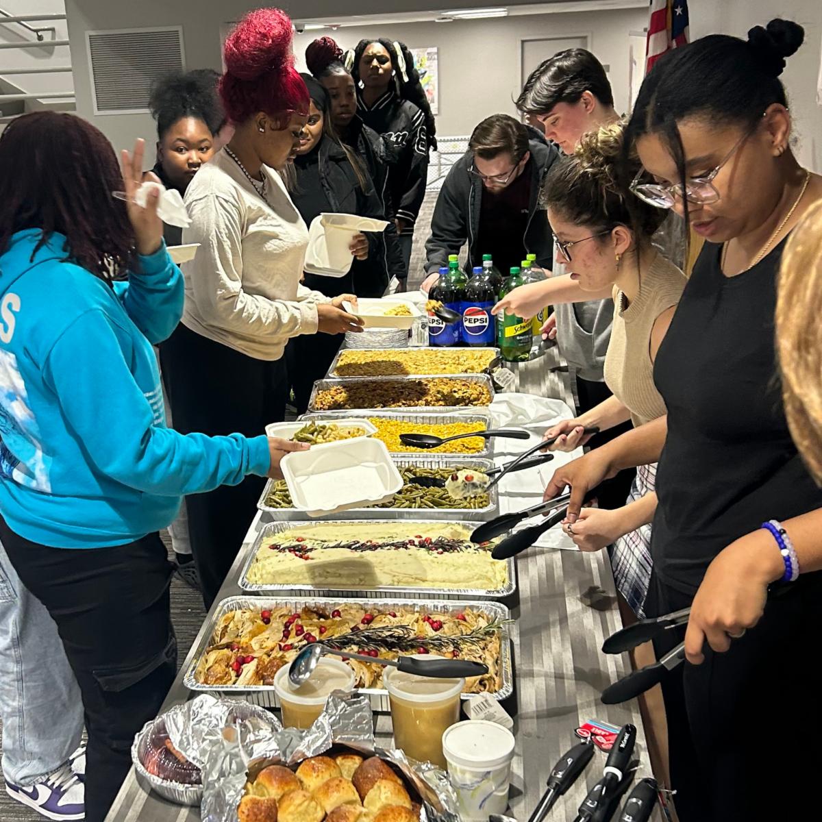 Students getting buffet dinner