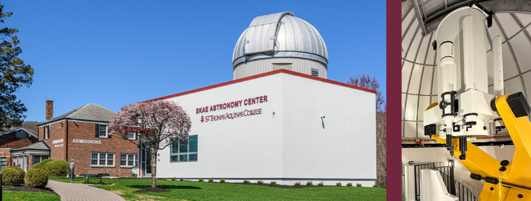 SKAE building outdoors and indoor photo of yellow and white telescope 