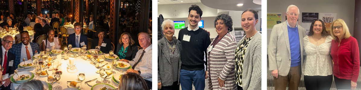 Scholarship Benefactor Reception and Presidents Club dinner with individuals standing in Romano Center and seated at dinner table at restaurant