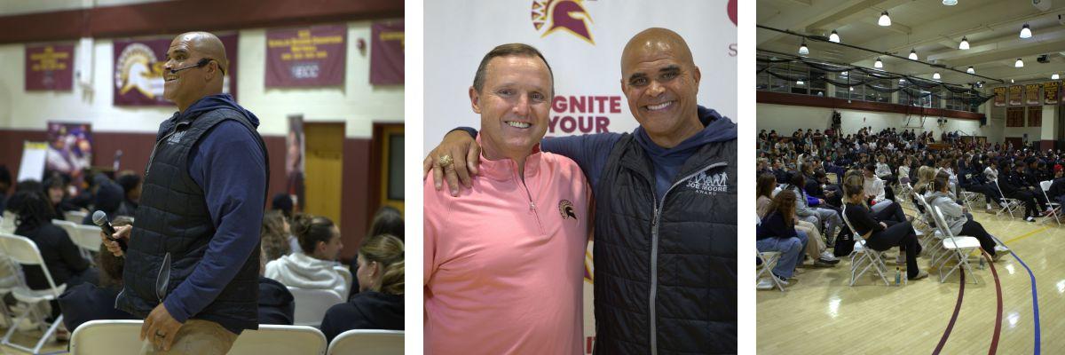 Collage of Aaron speaking to audience and smiling with President Ken Daly