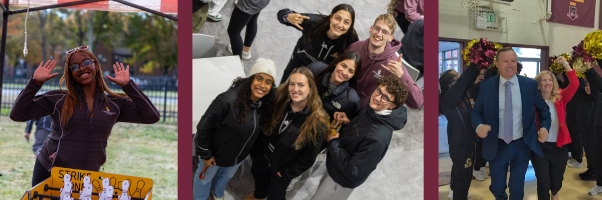 Homecoming collage of student at carnival table smiling and president daly and laurie daly smiling to crowd