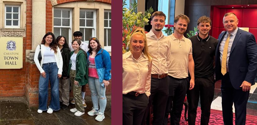 President Daly and Laurie Daly with alumni in London smiling