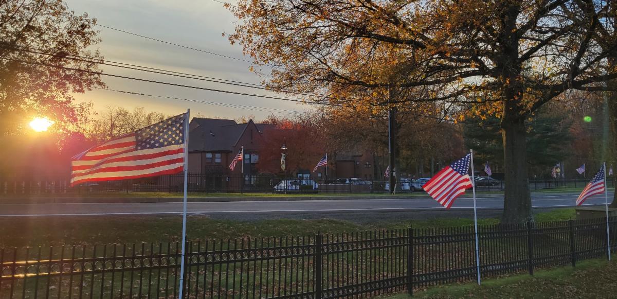Veterans Day flags at sunset lining route 340 blowing in the wind
