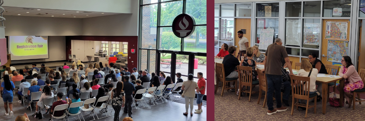 collage of romano student center and library with students and families at registration