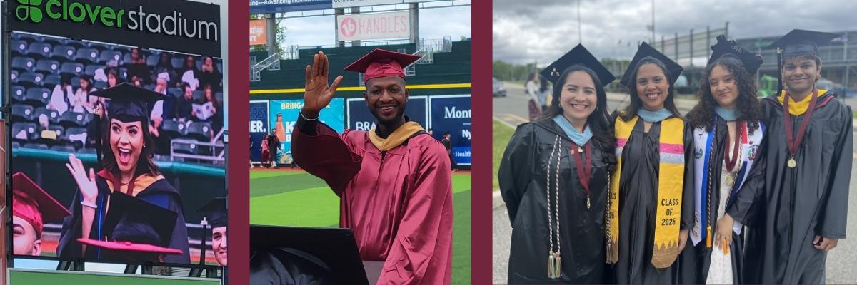 collage of students walking in with procession and smiling before ceremony began wearing regalia and one student smiling and waving on jumbotron