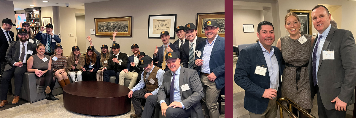 Group of allumni smiling with stac baseball hats and alum smiling with Ken