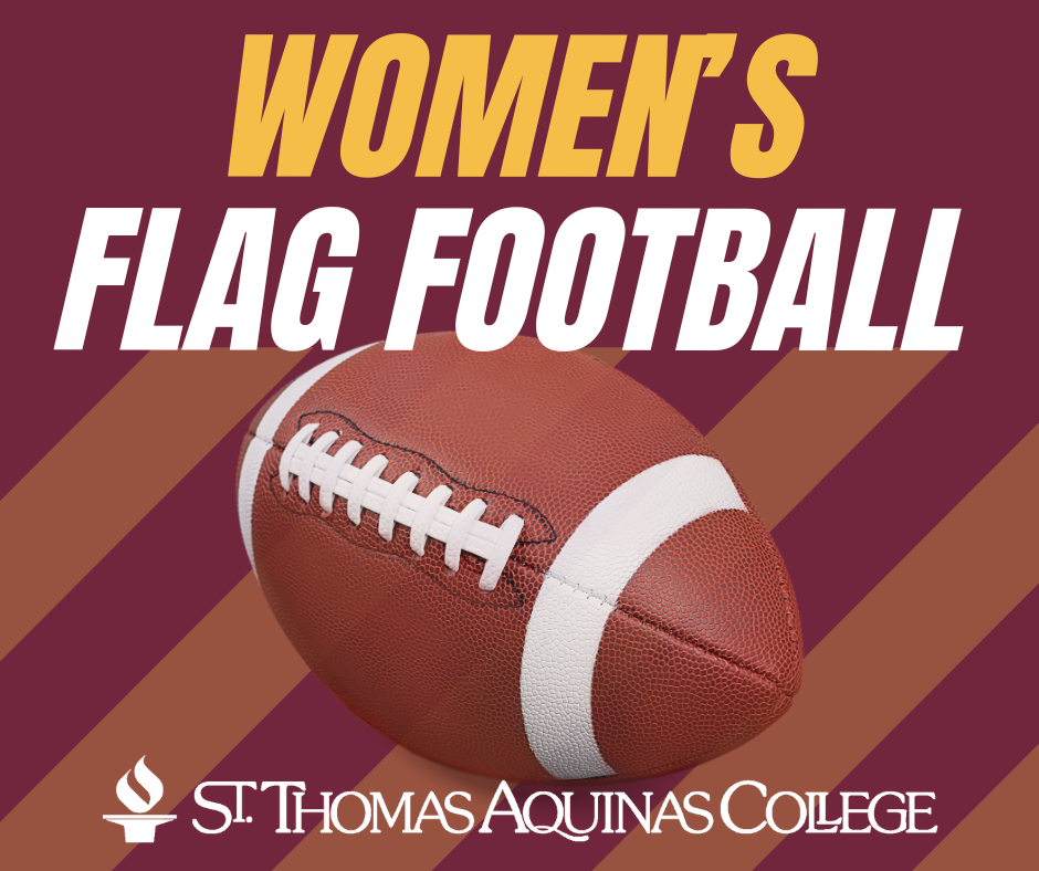 womens flag football text with maroon background and football image with stac logo in white at bottom