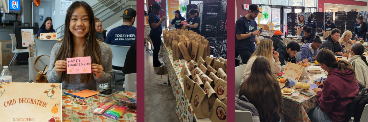 collage of students working on pumpkin decorating and card decorating for meals on wheels of rockland service project
