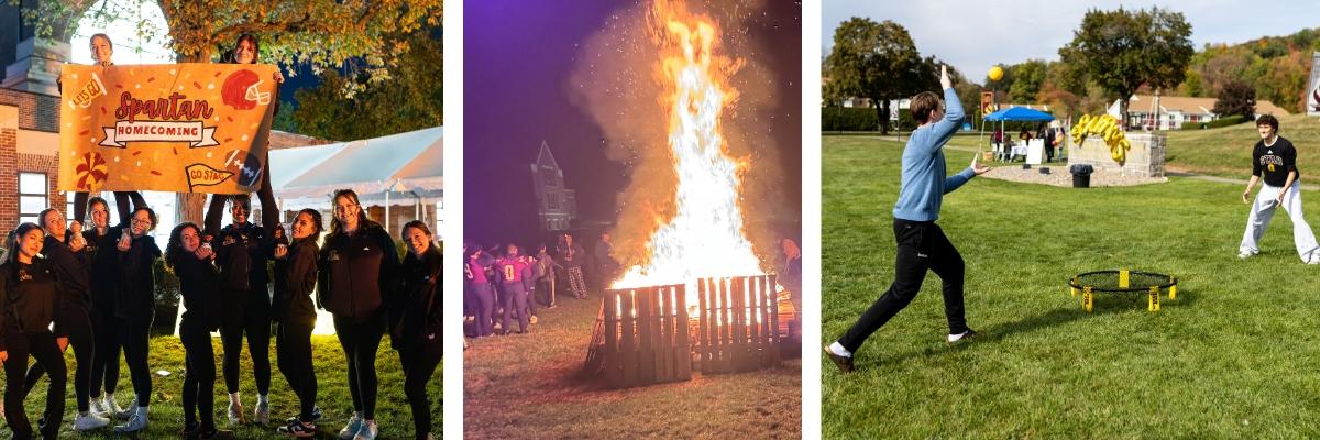 Homecoming Cheerleaders bonfire and Spike Ball games on front lawn