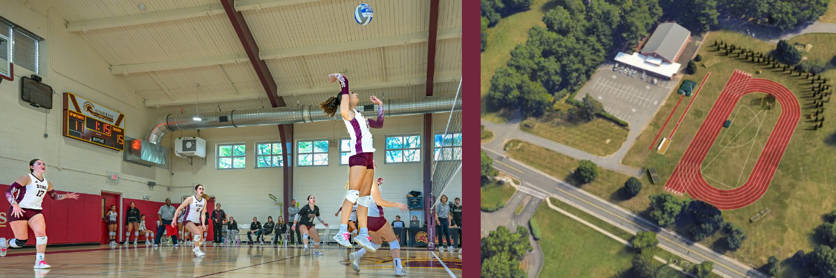 Volleyball game in session at Complex and aerial rendering of track and field
