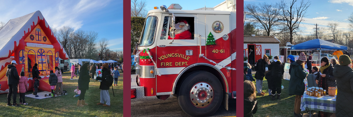 Collage of three photos with santa in a firetruck and groups of people walking on front lawn