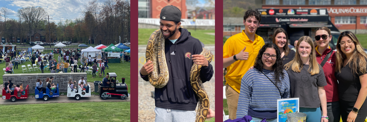 Earth Day Collage Picture collage overtop with students posing for a photo smiling a student holding a snake train on front lawn 