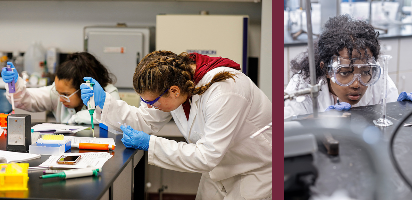 collage of stem students in lab conducting experiments wearing lab safety gear and two students with rpofessor in computer science lab using vr headsets