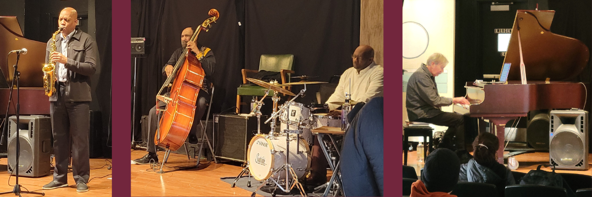 Afternoon jazz performers on saxophone cello drums and piano