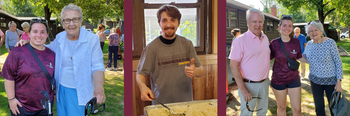 collage of students in ministry at event in nyack posing with guests and helping serve food