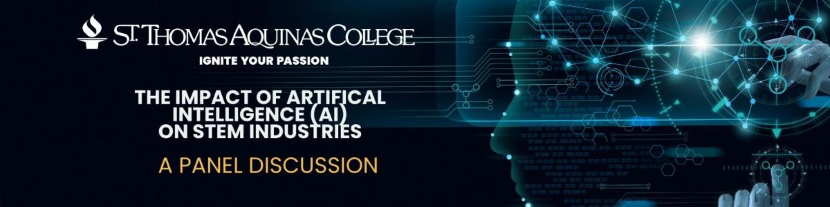 STEM AI event image of blue colored code and robot in background with st thomas aquinas collegeignite your passion logo