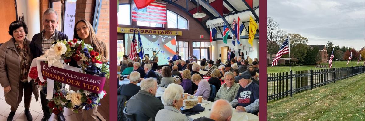 collage of veterans luch at mcnelis dining hall with guests at tables and flags on front lawn