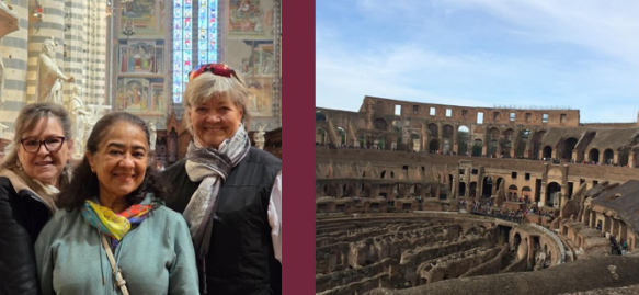 Italy trip with Alum and Friends posing for photos at dinner table and image of coloseum