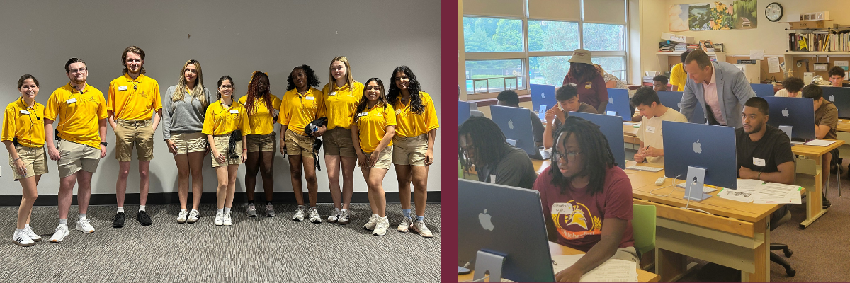 Orientation leaders smiling and students with president daly in mac lab working on schedules