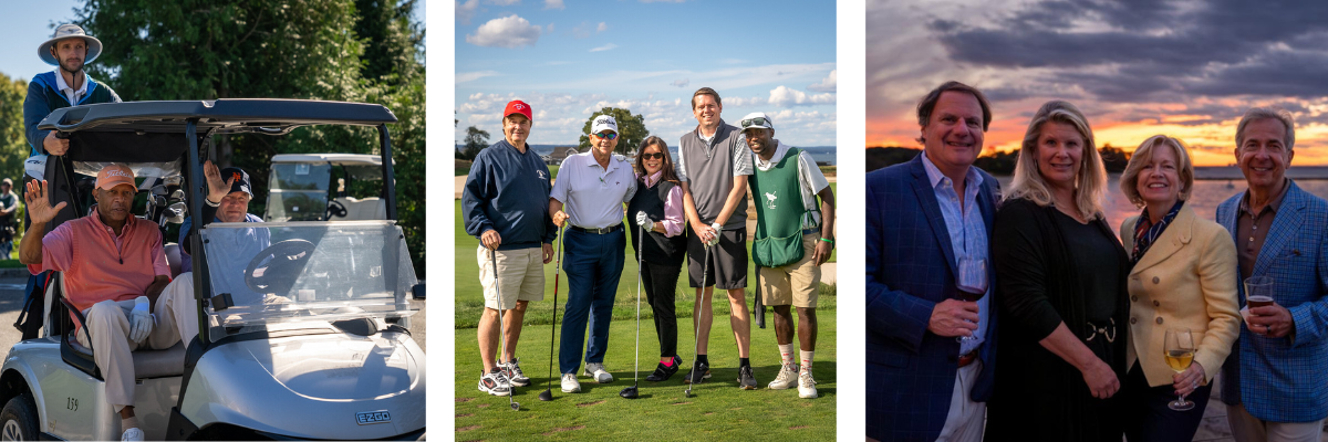 Collage of Golf Invitational with golfers smiling and posing for photos on the green and riding in golf carts with blue sky in background