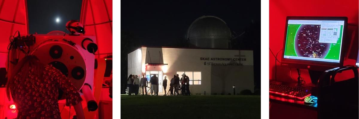 guests looking out of telescope in red light of dome and students outside with smaller telescopes