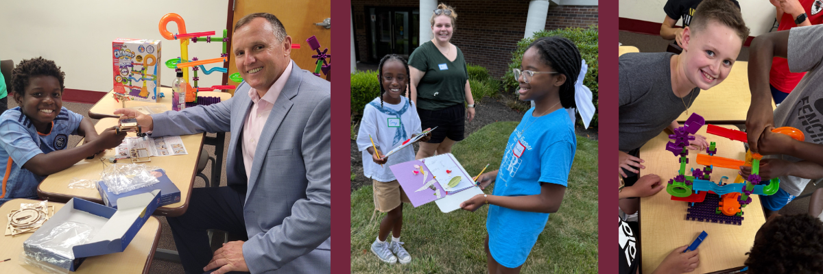 Collage of students building solar race cars and discovering plants outside during STEAM camp