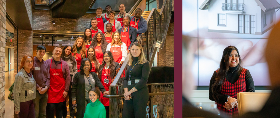 Trishita and group at Aramark summit speaking in conference room and posing for group photo