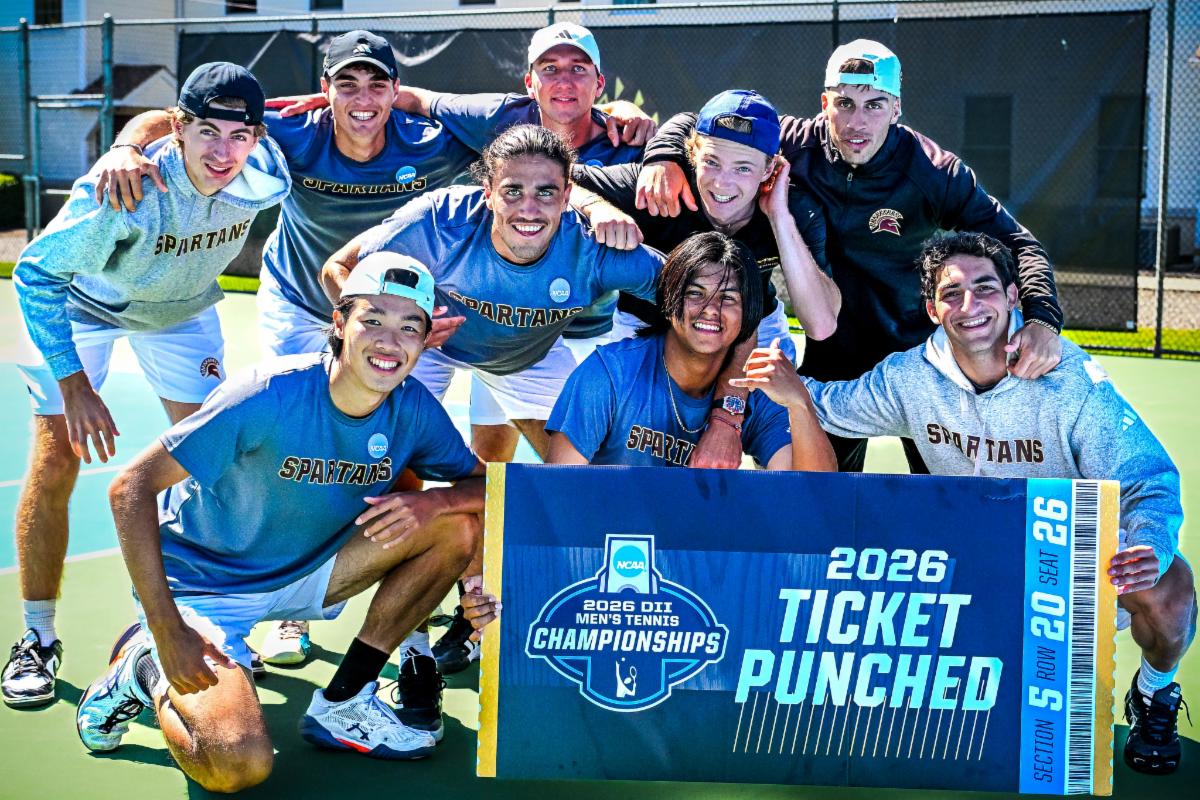 ticket punched sign and mens tennis team smiling on court