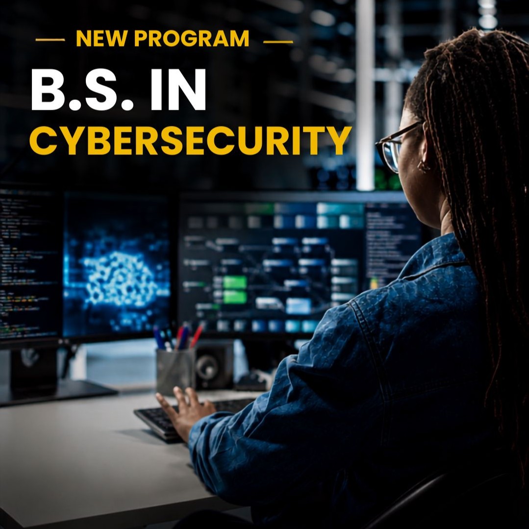 BS in Cybersecurity image with student typing at computer