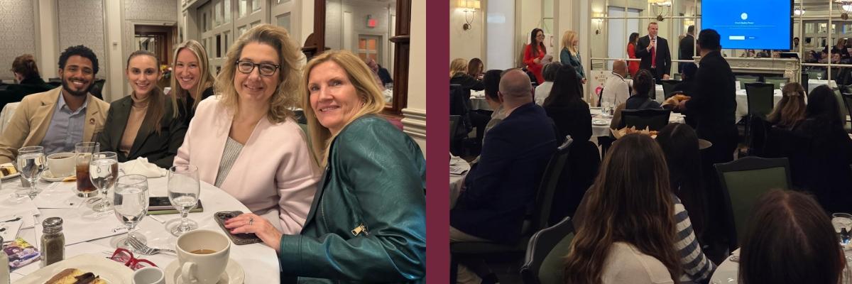 Nassau Dinner gathering with STAC Admissions team at table smiling and President Daly presenting