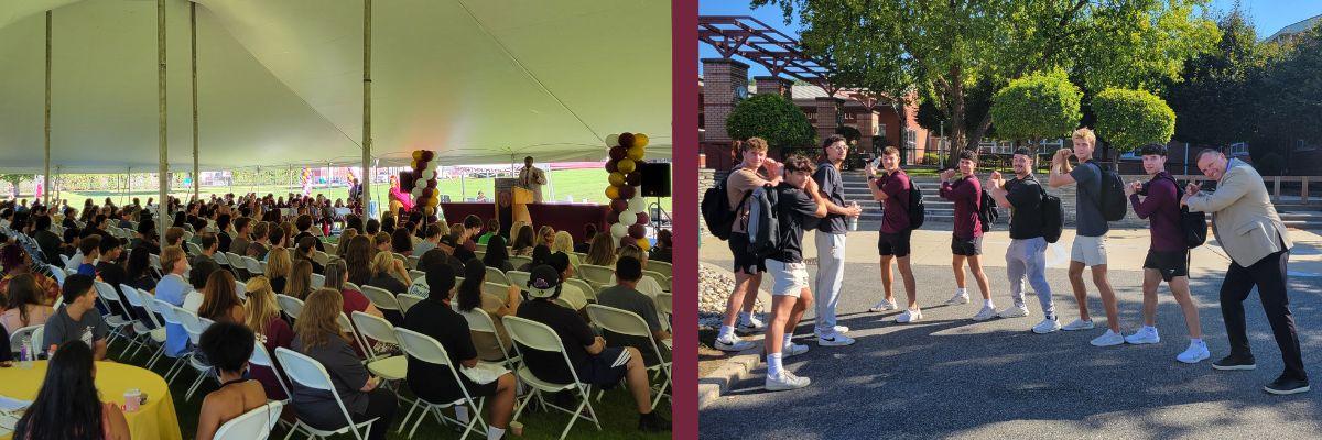 collage of big tent with families and students during welcome and baseball team sudent athletes pretending to be at bat with president daly on first day of class