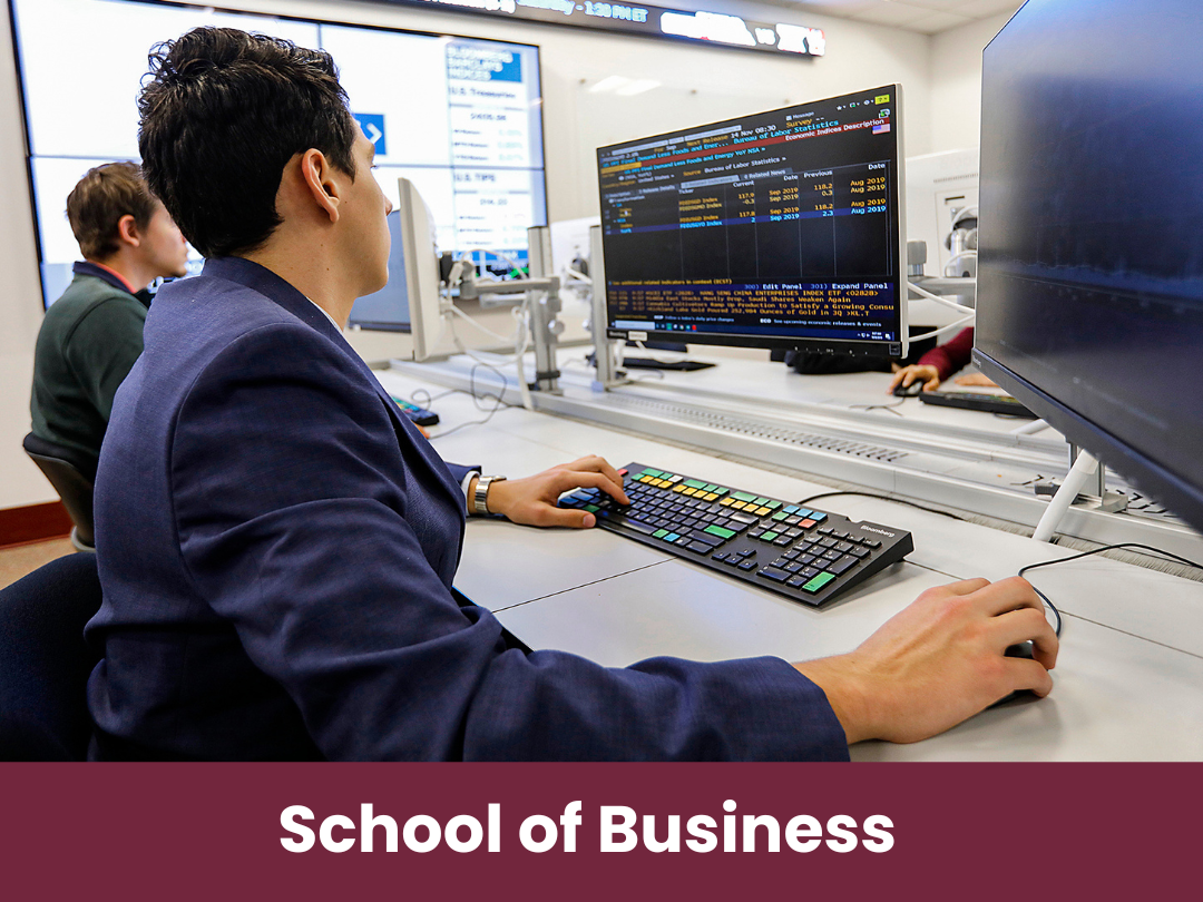 School of Business student in lab working on computer