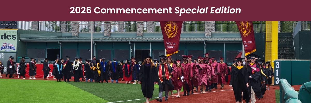 2026 Commencement Special Edition students and faculty processing onto field holding gonfalons