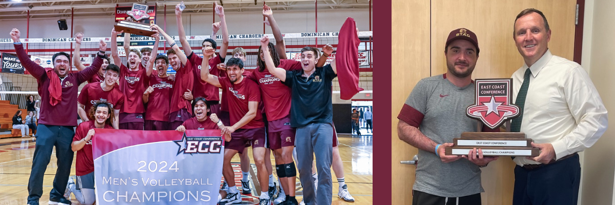 mens volleyball team holding trophy and smiling and jumping in gym after win and president daly with coach lopes holding trophy
