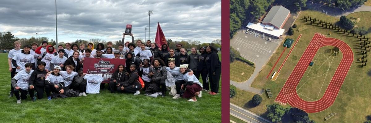 Track team smiling wearing ECC Champs shirts and aerial rendering of track and field facility