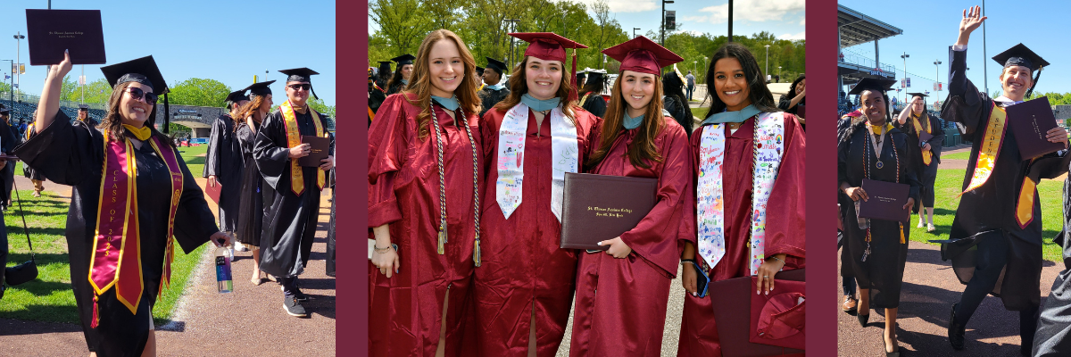 candids of students holding diploma cases towards crowd smling and waving and posed photo of school of education graduate students smiling