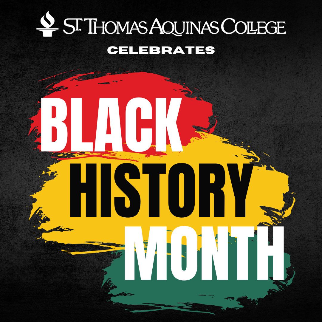STAC celebrates Black History Month text with red yellow and green color swipes illustrated on black background