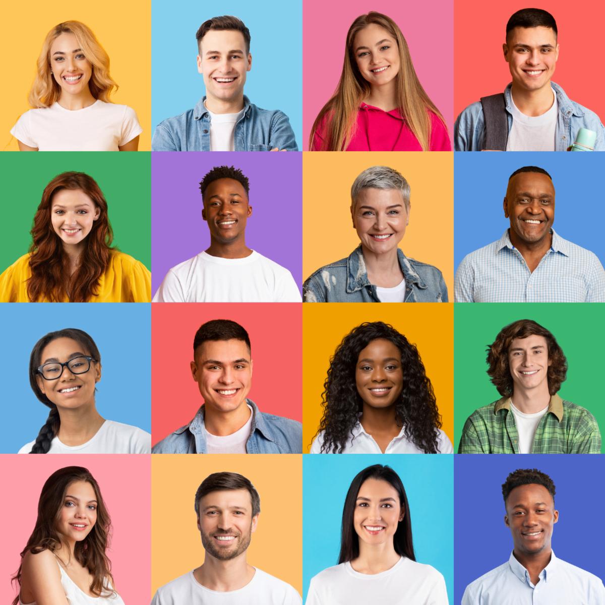Portraits Collage. Bright Mosaic Of Different Multiethnic People Faces Smiling Posing Together Over Colorful Backgrounds. Happy And Successful Diverse Society Concept. Human Crowd Headshots Square