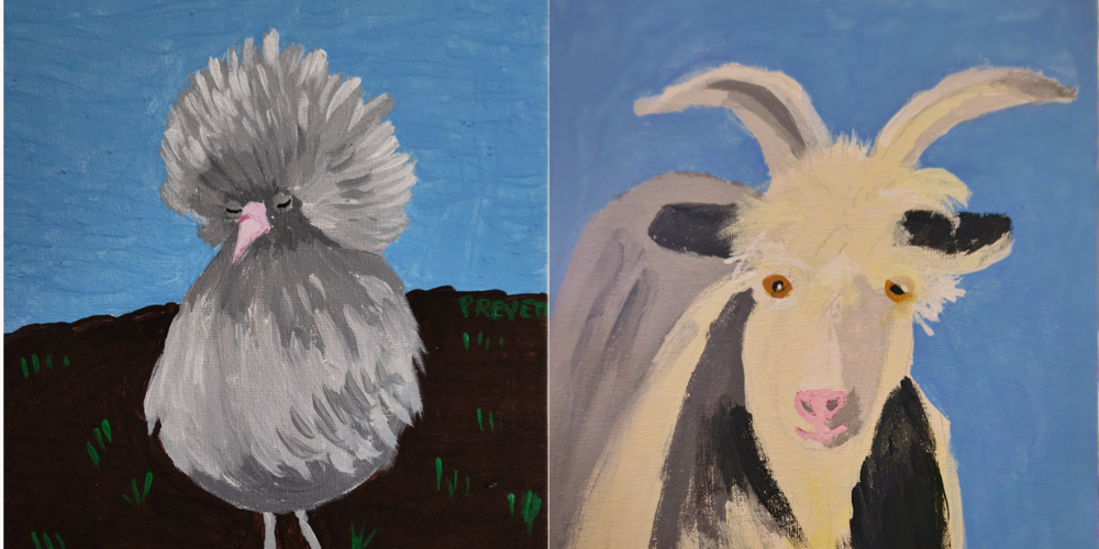Esmeralda Hen and Tom Goat painting samples for the art classes at Unity Farm Sanctuary