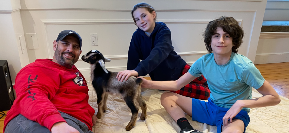 Leap Kids students with Arthur goat and Shelter Manager Tye at Unity Farm Sanctuary