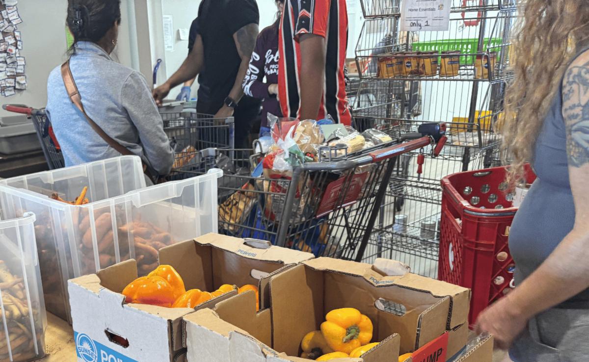 Photo of guests choosing fresh veggies and fruits to fill their shopping cart during a food distribution.