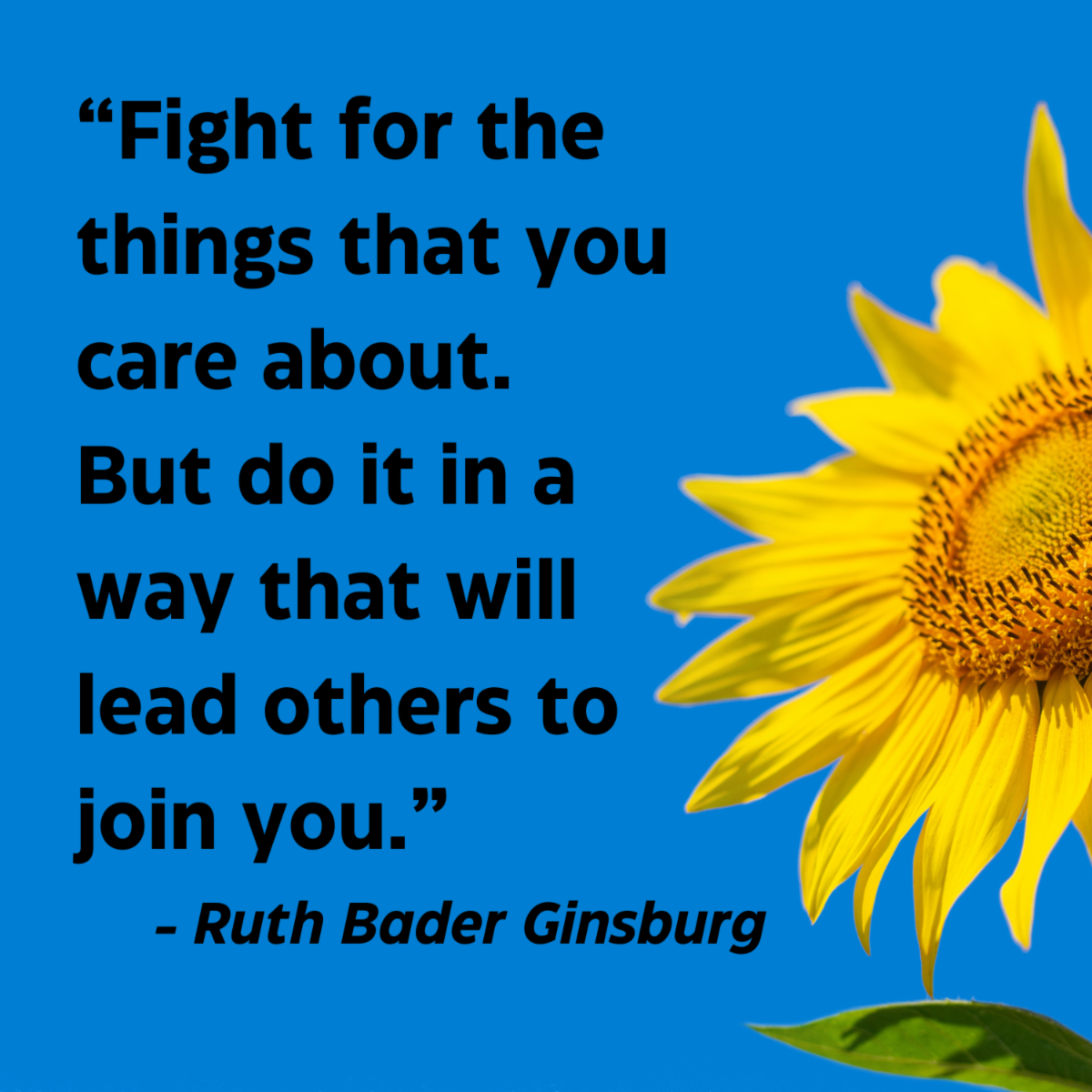 Bright blue square with bold black text reading, "Fight for the things that you care about. But do it in a way that will lead others to join you." -Ruth Bader Ginsburg; A sunflower appears on the right side of the square, partially visible. 