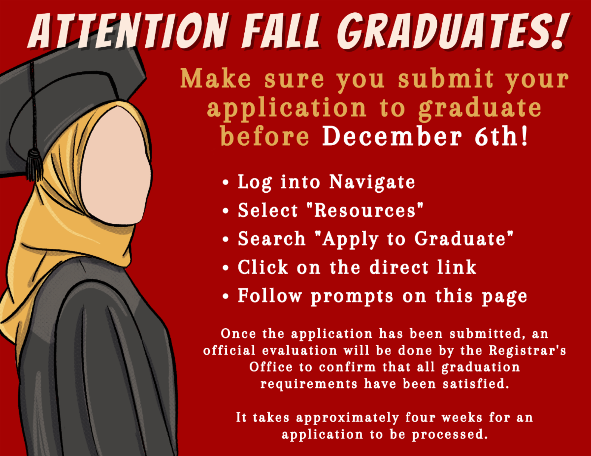 Flyer: Attention fall graduates! Make sure you submit your application to graduate before December 6th! Log into Navigate Select "Resources" Search "Apply to Graduate" Click on the direct link Follow prompts on this page. Once the application has been submitted, an official evaluation will be done by the Registrar's Office to confirm that all graduation requirements have been satisfied.  It takes approximately four weeks for an application to be processed.